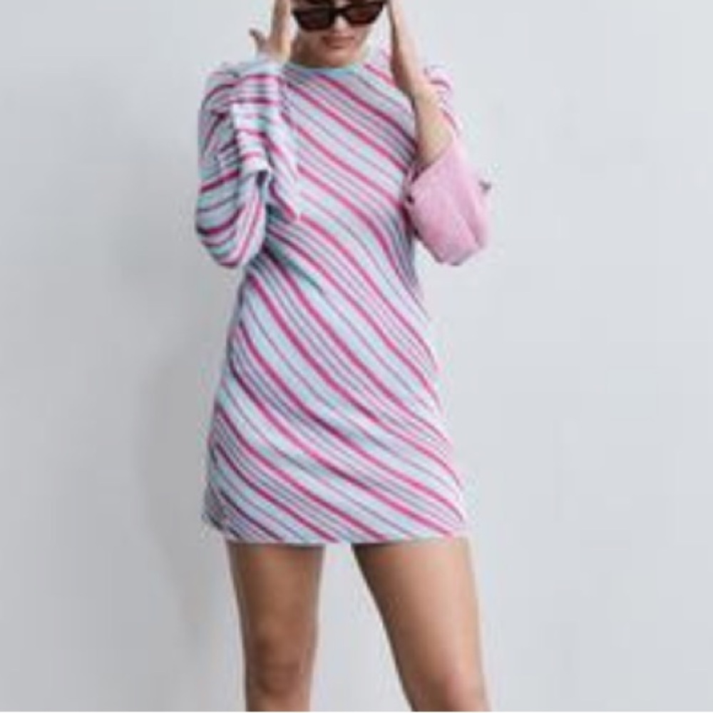 Zara Multicolor Striped Mini Dress with Bell Sleeves